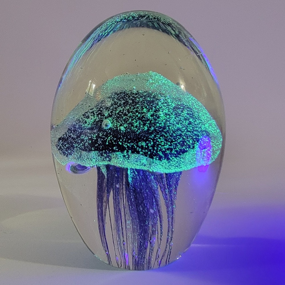 Purple Jellyfish Art Glass Paperweight Egg Shaped Controlled Bubbles 4.5 Inch